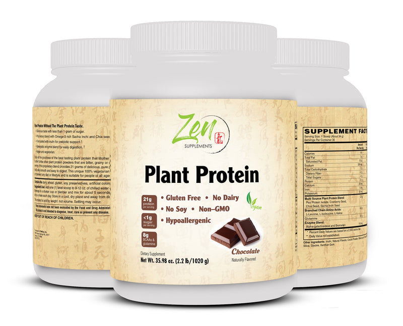 Plant Protein-Chocolate 1020G 2.2LB-Powder - 23 Grams of Protein Per Serving -Vegan, Low Net Carbs, Non Dairy, Gluten Free, Lactose Free, No Sugar Added, Soy Free, Kosher, Non-GMO by Zen Supplements