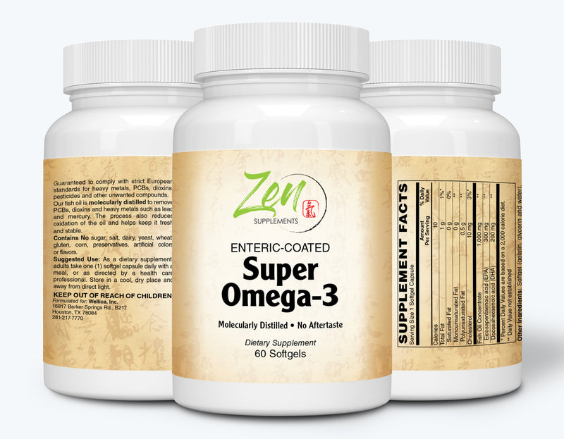 Zen Supplements - Super Omega-3 Enteric Coated 60-Softgel - Sustainably Sourced 1000 mg Omega-3 per Softgel, Enteric Coated to be Odorless & Burp-Free - Contains 300 mg EPA & 200 mg DHA per Softgel