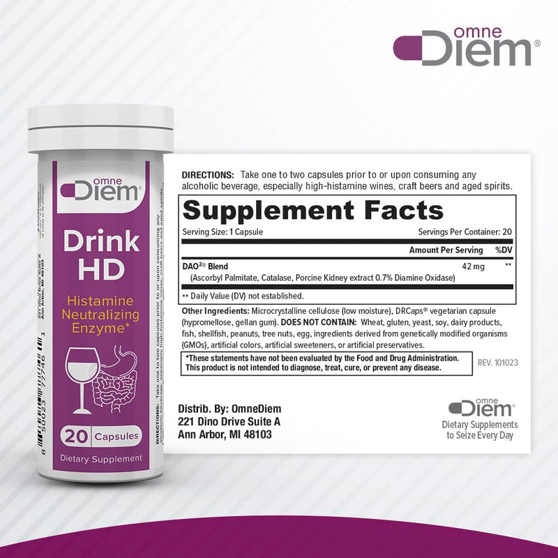 OmneDiem Drink HD Dietary Supplement: Natural Histamine Neutralizing & Digesting Enzyme – Diamine Oxidase DAO, 20 Capsules