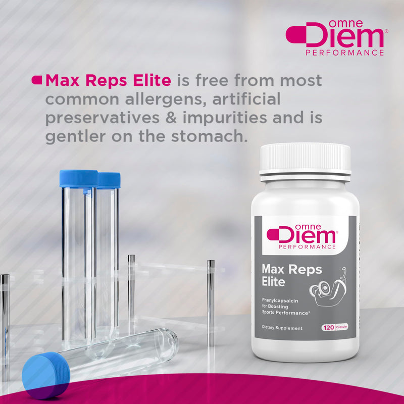 Omne Diem Max Reps Elite Capsules - Phenylcapsaicin Sports Performance Dietary Supplement - Supports Maximum Workout and Recovery & Reduces Fatigue - for Men & Women - 120 ct