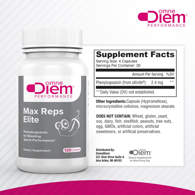 Omne Diem Max Reps Elite Capsules - Phenylcapsaicin Sports Performance Dietary Supplement - Supports Maximum Workout and Recovery & Reduces Fatigue - for Men & Women - 120 ct