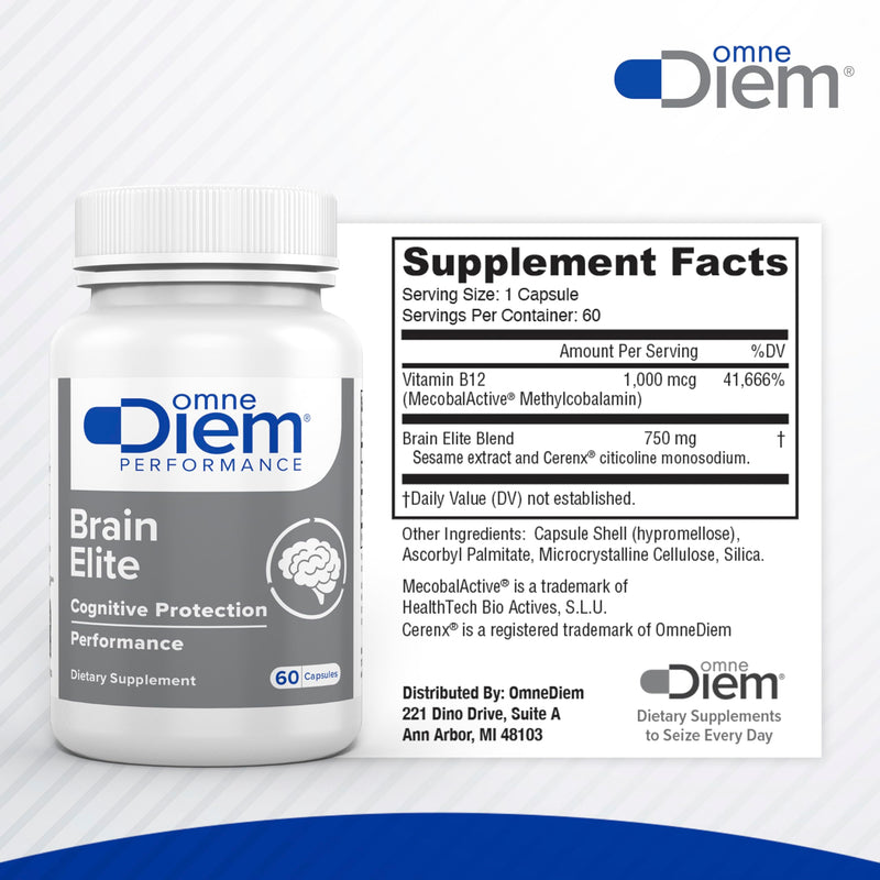 Omne Diem Brain Elite Capsules - Citicoline & Vitamin B12 Supplement for Cognition, Memory & Focus - with Patented Sesame Extract to Support Brain Cell Metabolism - Improved Sports Performance - 60ct