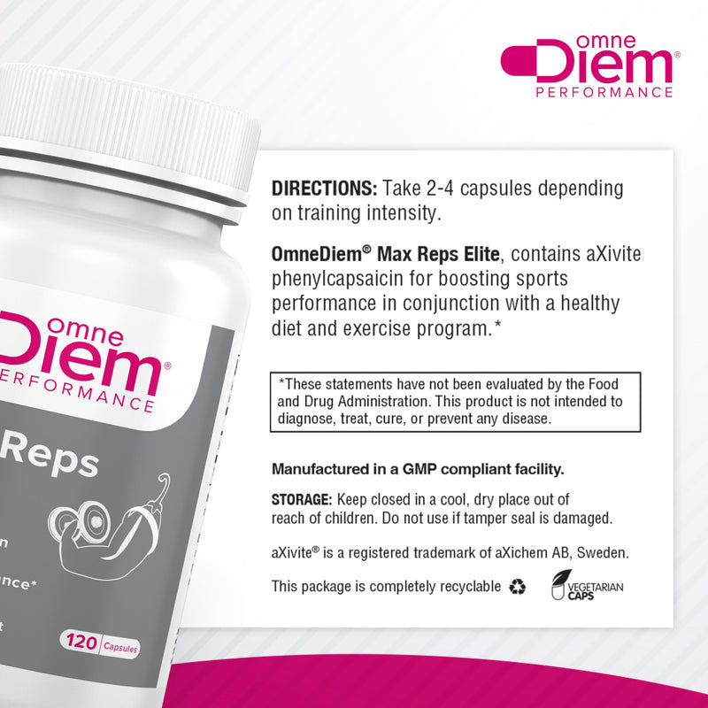 Omne Diem Max Reps Elite Capsules - Phenylcapsaicin Sports Performance Dietary Supplement - Supports Maximum Workout and Recovery & Reduces Fatigue - for Men & Women - 120 ct