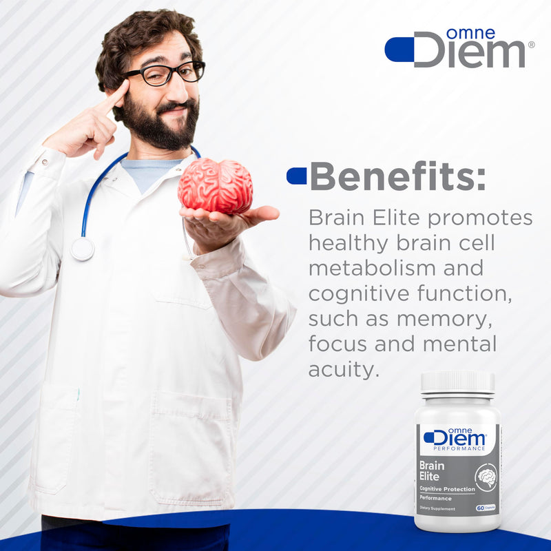 Omne Diem Brain Elite Capsules - Citicoline & Vitamin B12 Supplement for Cognition, Memory & Focus - with Patented Sesame Extract to Support Brain Cell Metabolism - Improved Sports Performance - 60ct