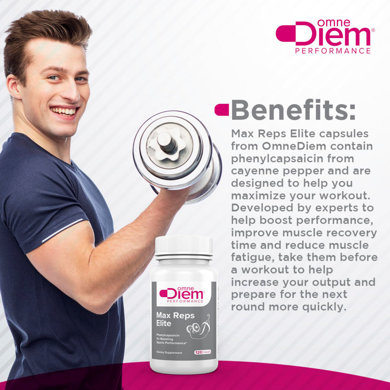 Omne Diem Max Reps Elite Capsules - Phenylcapsaicin Sports Performance Dietary Supplement - Supports Maximum Workout and Recovery & Reduces Fatigue - for Men & Women - 120 ct