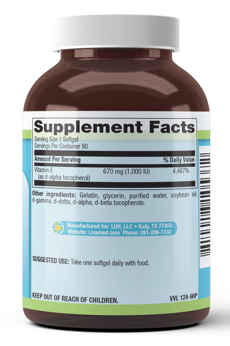 Livamed - Vitamin E 1,000 IU Plus Mixed Tocopherols Softgels 90 Count - Vitamins Emporium