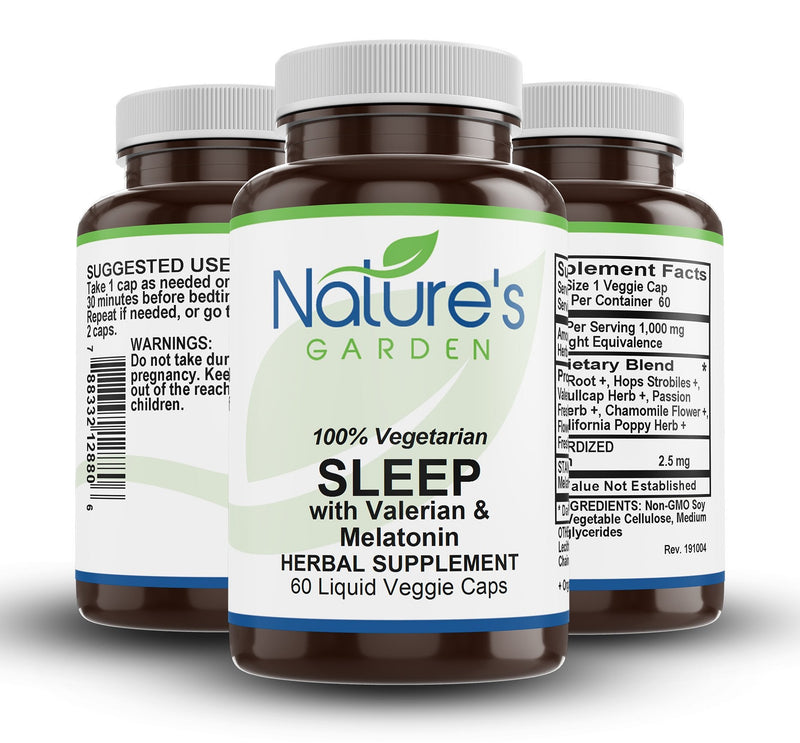 Organic Sleep Formula w/Valerian & Melatonin - 60 Liquid Veggie Caps with Organic Chamomile, Passion Flower, Skullcap, Hops & More!  - Herbal & Non-Habit Forming