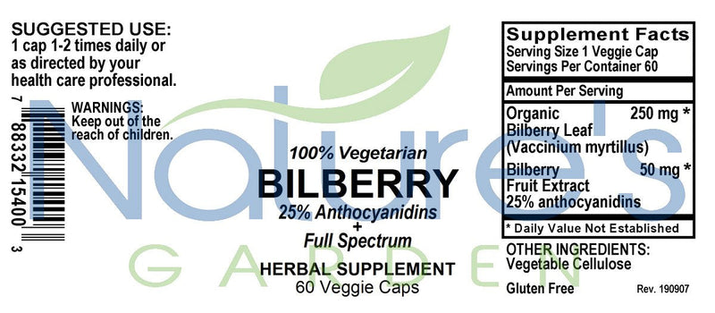 Bilberry - 60 Veggie Caps - Full Spectrum Wild Harvest Bilberry Leaf & Concentrated Extract.