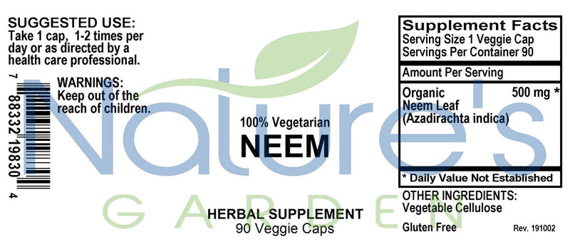 Neem - 90 Veggie Caps with 500mg Organic Neem Leaf Supplement