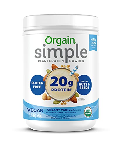 Orgain Simple Organic Plant Protein Powder, Vanilla, Vegan, Made with Fewer Ingredients and Without Dairy, Gluten and Stevia, Kosher, Non-GMO, 1.25 Lb (Packaging May Vary)