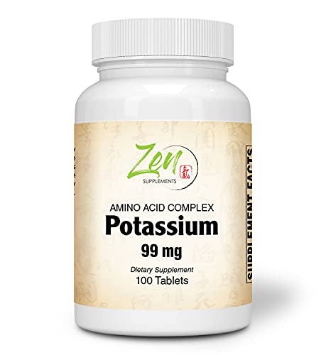 Zen Supplements - Potassium 99 mg (Amino Acid) 100-Tabs - Fluid & Electrolyte Balance Formula - Heart, Nerve & Muscle Function Support