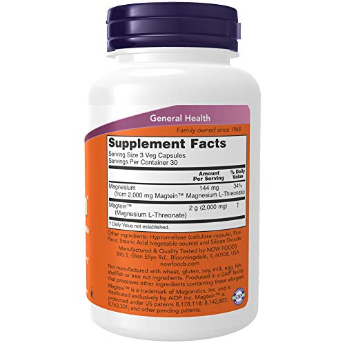 NOW Supplements, Magtein™ with patented form of Magnesium (Mg), Cognitive Support*, 90 Veg Capsules
