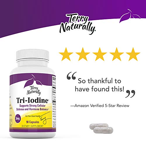 Terry Naturally Tri-Iodine 3 mg - 3000 mcg Iodine, 90 Vegan Capsules - Supports Hormone Balance, Promotes Breast & Prostate Health - Non-GMO, Gluten-Free, Kosher - 90 Servings