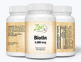 High Potency Biotin - 5,000mcg, USP Grade Biotin Supplement for Women and Men - 120 Cap