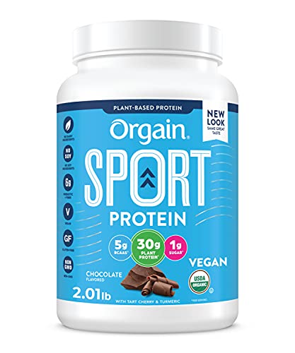 Orgain Chocolate Sport Plant-Based Protein Powder, Made with Organic Turmeric, Ginger, Beets, Chia Seeds, Cherry, Brown Rice and Fiber, Vegan, Non GMO - 2.01 lbs (Packaging May Vary)
