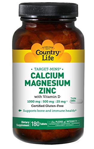 Country Life Target-Mins Calcium Magnesium Zinc w/Vitamin D 1000mg/500mg/25mg - 180 Tablets - Supports Bone & Immune