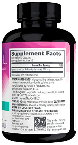NeoCell Hyaluronic Acid, Daily Hydration for Skin Hydration & Suppleness, 100mg ,60 Capsules (Package May Vary)
