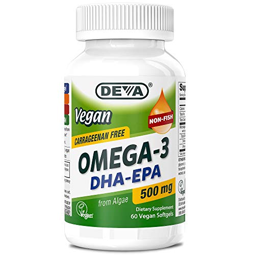Deva Vegan Omega-3 DHA - EPA 500 mg Potency Carrageenan Free, 2 Months Supply, Non Fish from Algae, 60 Softgels