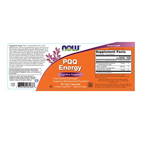 NOW Supplements, PQQ Energy, Free Radical Scavenger*, Cognitive Support*, 30 Veg Capsules