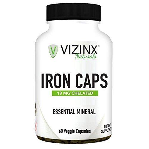 VIZINX IRON CAPS 18 mg 60 Veggie Caps- Choice form of organic chelated iron (Ferrous Fumarate) tends to cause fewer symptoms of intestinal upset and is considered to be a non constipating form of iron - Vitamins Emporium
