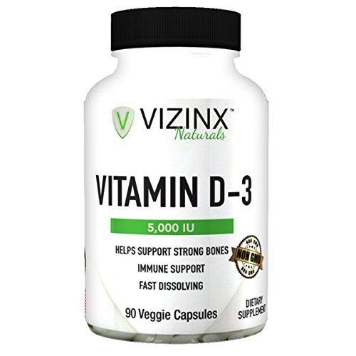 Vizinx D3 5,000 IU / (cholecalciferol) 90 Veggie Capsules, Non-GMO Supports The Immune Systems and enhances Cognitive abilities. Derived from Lanolin Nicknamed The Sunshine Vitamin. - Vitamins Emporium