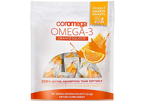 Coromega Omega 3 Fish Oil Supplement, 650mg of Omega-3s with 3X Better Absorption Than Softgels, Orange Flavor, 120 Single Serve Squeeze Packets