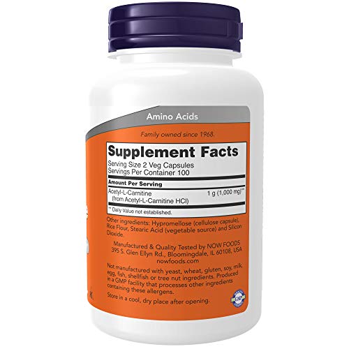 NOW Supplements, Acetyl-L Carnitine 500 mg, Amino Acid, Brain And Nerve Cell Function*, 200 Veg Capsules