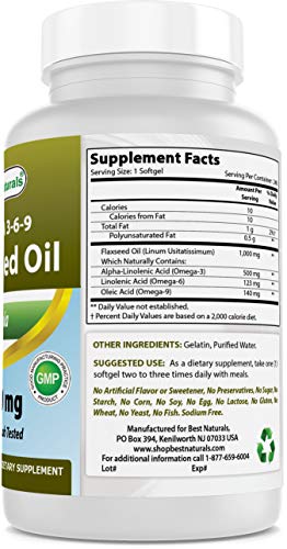 Best Naturals Flaxseed Oil 1000 mg 240 Softgels - Omega-3-6-9 for Heart Health