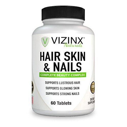 VIZINX Hair Skin & Nails 60 Tablets- This Beauty Complex Supports Lustrous Hair, Glowing Skin & Strong Nails. Includes 5000 mcg Biotin, Hydrolyzed Collagen, Silica, Hyaluronic Acid and More - Vitamins Emporium