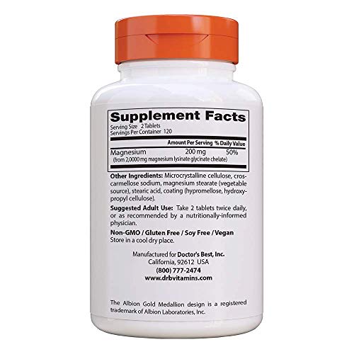 Doctor's Best High Absorption Magnesium Glycinate Lysinate, 100% Chelated, Non-GMO, Vegan, Gluten Free, Soy Free, 100 mg, 240 Tablets