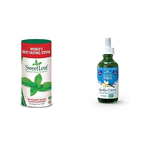 Sweetleaf Natural Stevia Sweetener Powder, 4 Ounce Shaker & Sweet Drops Liquid Stevia Sweetener, Vanilla Creme, 2 Ounce