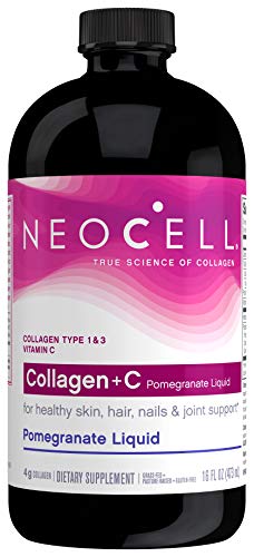 NeoCell Collagen +C Pomegranate Liquid, 4g Collagen Types 1 & 3 Plus Vitamin C, Healthy Skin, Hair, Nails and Joint Support 16 Ounces (Package May Vary)
