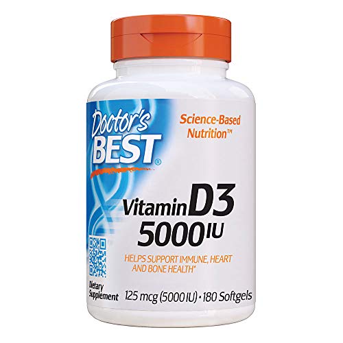 Doctor's Best Vitamin D3 5000IU, Non-GMO, Gluten Free, Soy Free, Regulates Immune Function, Supports Healthy Bones, 180 Count (Pack of 1)