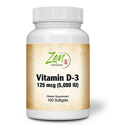 Zen Supplements - Vitamin D-3 5000 IU 100-Softgel - Supports Healthy Muscle Function, Bone Health & Immune Support