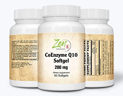 Zen Supplements - Coenzyme Q10 200 Mg - CoQ10 Ubiquinone Antioxidant Supports Heart Health Including Cholesterol & Blood Pressure, Neurological Function & Cellular Energy 200 Mg 60-Softgel