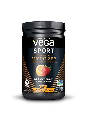 Vega Sport Premium Energizer, Strawberry Lemonade Pre-Workout Energy Drink - Certified Vegan, Vegetarian, Gluten Free, Dairy Free, Soy Free, Non GMO, Natural Pre Workout Powder (25 Servings, 16.1 Oz)