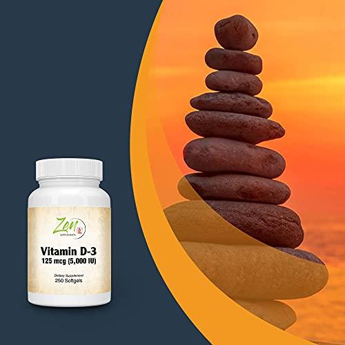 Zen Supplements - Vitamin D-3 5000 IU 250-Softgel - Supports Healthy Muscle Function, Bone Health & Immune Support