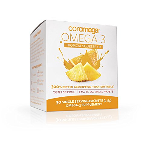 Coromega Omega 3 Fish Oil Supplement with Vitamin D3, 650mg of Omega-3s with 3X Better Absorption Than Softgels, Tropical Orange Flavor, 30 Single Serve Squeeze Packets