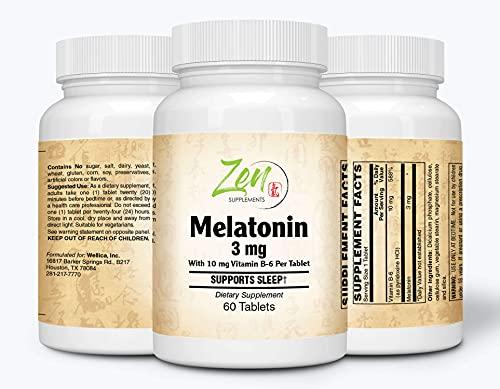 Zen Supplements - Melatonin 3 Mg W/ B-6 60-Tabs - Support for Restful Sleep - Natural Sleep Support - Helps with Occasional Sleeplessness