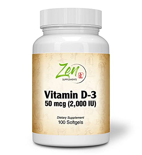Zen Supplements - Vitamin D-3 2000 IU 100-Softgel - Supports Healthy Muscle Function, Bone Health & Immune Support