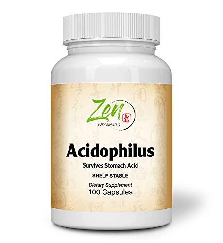 Zen Supplements - Acidophilus 500 Million CFU and 4 Strains, Shelf Stable 100-Caps - Supports The Alleviation of Occasional Gas and Constipation Plus Symptoms of Lactose Intolerance