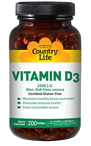 Country Life Vitamin D3 2500 IU - 200 Softgels - Promotes Immune Health - Maintains Healthy Bones and Teeth