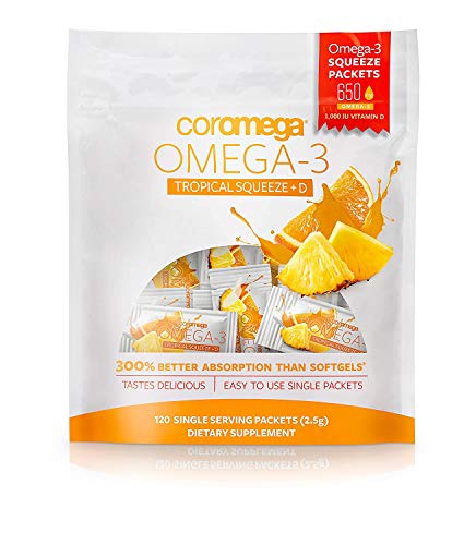 Coromega Omega 3 Fish Oil Supplement, 650mg of Omega-3s with 3X Better Absorption Than Softgels, Tropical Orange Flavor, 120 Single Serve Squeeze Packets