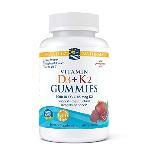 Nordic Naturals Vitamin D3 + K2 Gummies, Pomegranate - 1000 IU Vitamin D3 + 45 mcg Vitamin K2 - 60 Gummies - Great Taste - Bone Health, Promotes Healthy Muscle Function - Non-GMO - 60 Servings