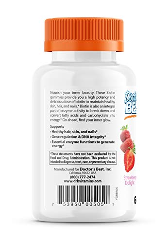 Doctor's Best High Potency Biotin Gummies, 5000 mcgper Serving, 60 Ct, Chewable Beauty Supplement for Healthy Hair, Skin & Nails, Non-GMO, Natural Fruit Pectin, Vegan