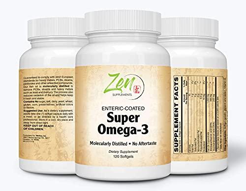 Zen Supplements - Super Omega-3 Enteric Coated 120-Softgel - Sustainably Sourced 1000 mg Omega-3 per Softgel, Enteric Coated to be Odorless & Burp-Free - Contains 300 mg EPA & 200 mg DHA per Softgel