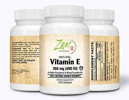 Natural Vitamin E – 400IU Vitamin E Capsules with 100% Natural Mixed Tocopherols - Non-GMO E Vitamin – 250 Softgels