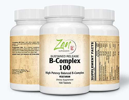 Complete B-Complex Vitamin Supplement - B Vitamin Supplement Complex with Folic Acid, Biotin, Inositol - for Immune & Cardio Health, Energy Metabolism - 100 Sustained-Release Tablets