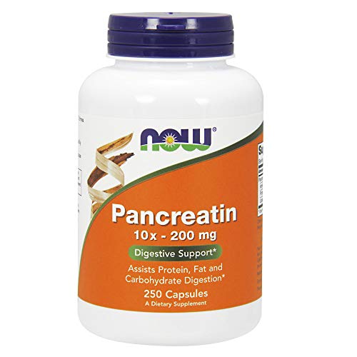 NOW Supplements, Pancreatin 10X 200 mg with naturally occurring Protease (Protein Digesting), Amylase (Carbohydrate Digesting), and Lipase (Fat Digesting) Enzymes, 250 Capsules