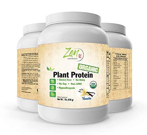Zen Supplements - Organic Plant Protein Vanilla 1 LB-Powder - 25.5g of Organic Protein per Serving - Certified Non-GMO, Gluten Free and Vegan-Friendly Organic Protein Powder.